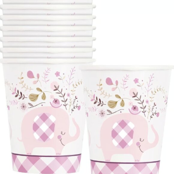 Unique Pink Paper Floral Elephant Paper Cups Party Supplies 8 Count - Picture 1 of 2